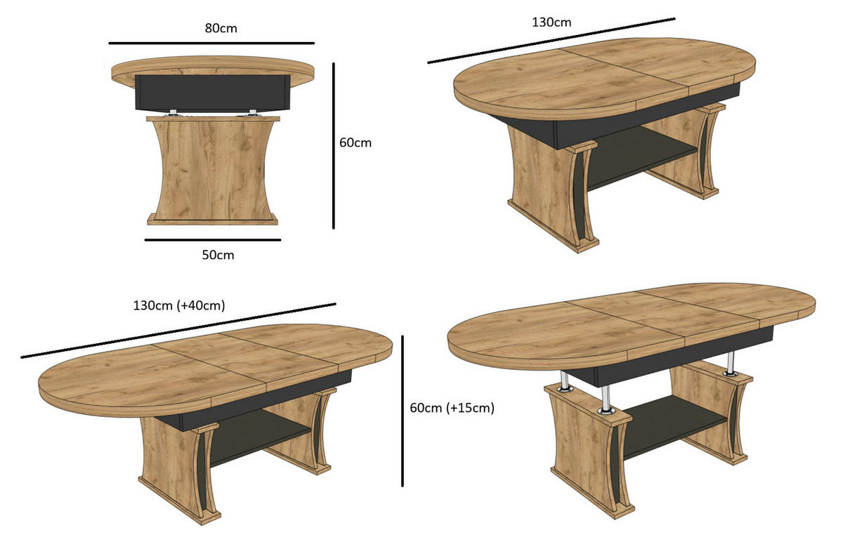 COUCHTISCH oval ausziehbar höhenverstellbar Ablage 130/80/60 cm - Hellgrau/Schwarz, Holzwerkstoff (80/130/60cm) - designimpex