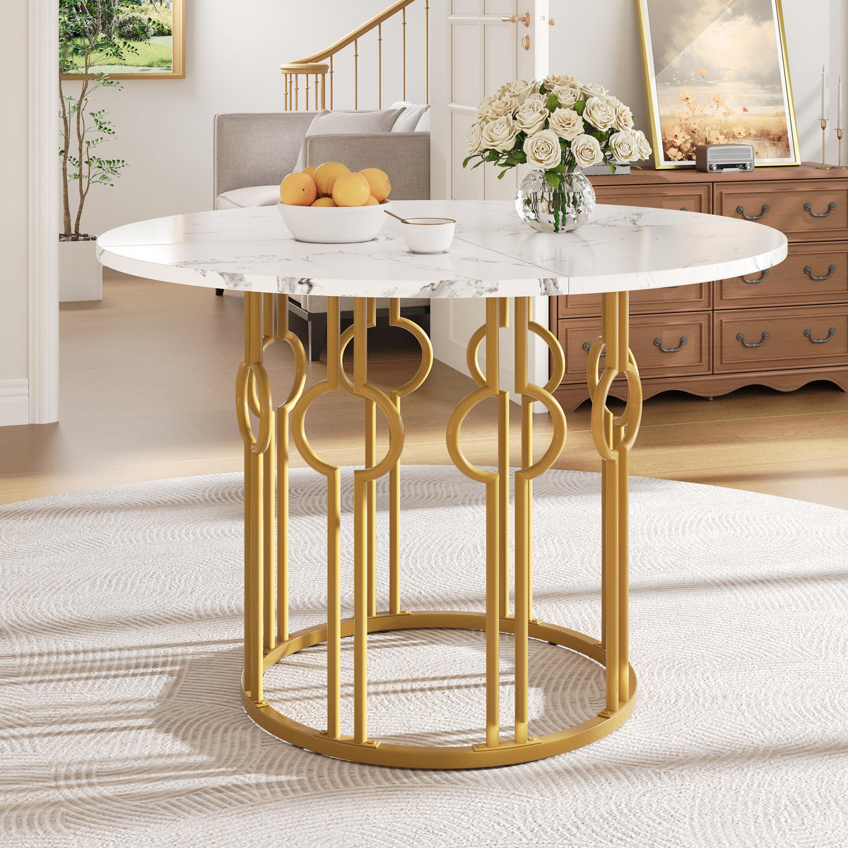 ESSTISCH Rund mit goldene Beine 100/100/76 cm - Goldfarben/Weiß, Holzwerkstoff/Metall (100/100/76cm) - Urban Meuble