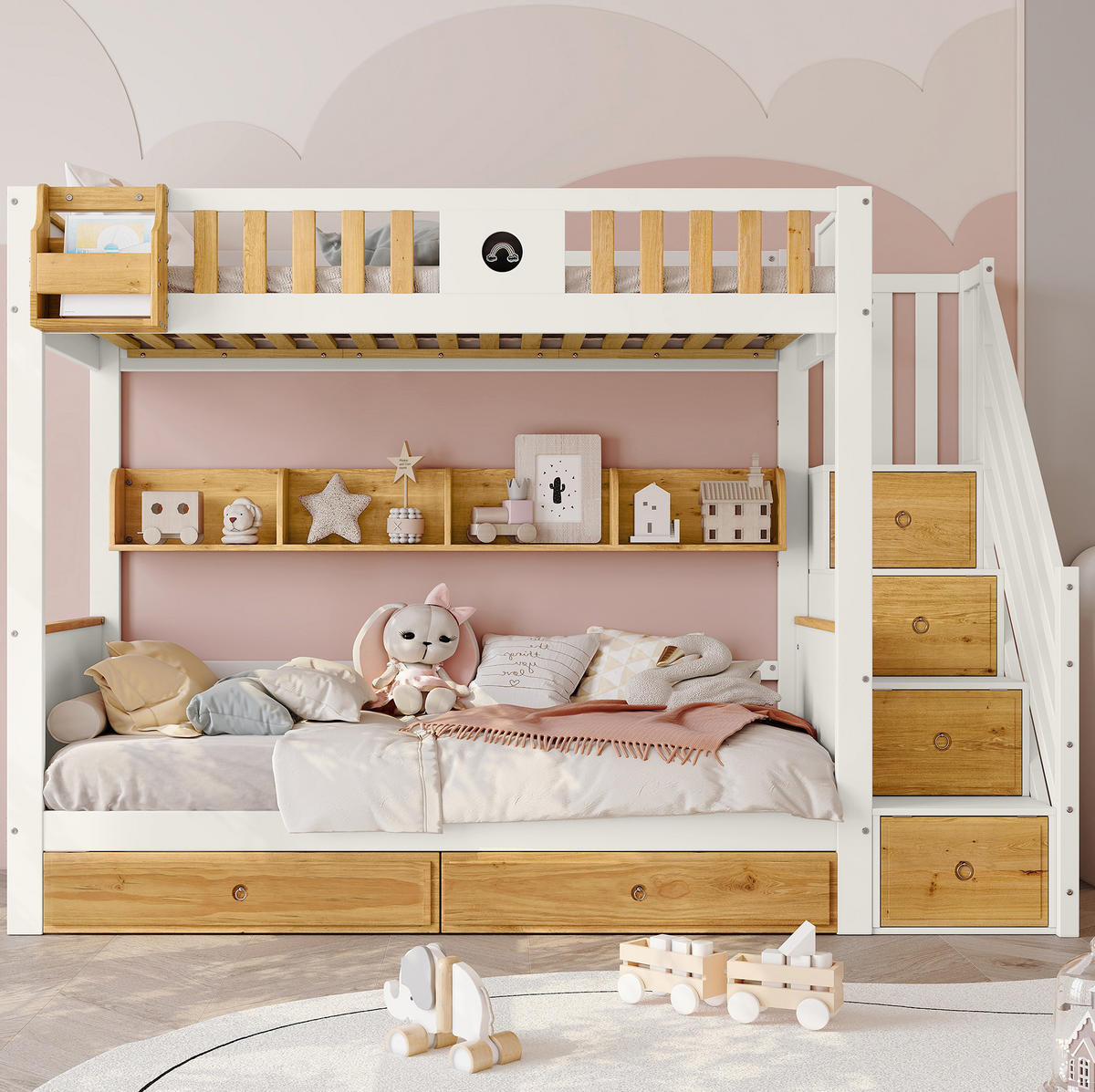 ETAGENBETT aus Kiefernholz und MDF 90x200 cm Weiß/Natur mit Stauraumtreppe und Schubladen - Weiß, Holzwerkstoff (90/200cm) - IVMEU