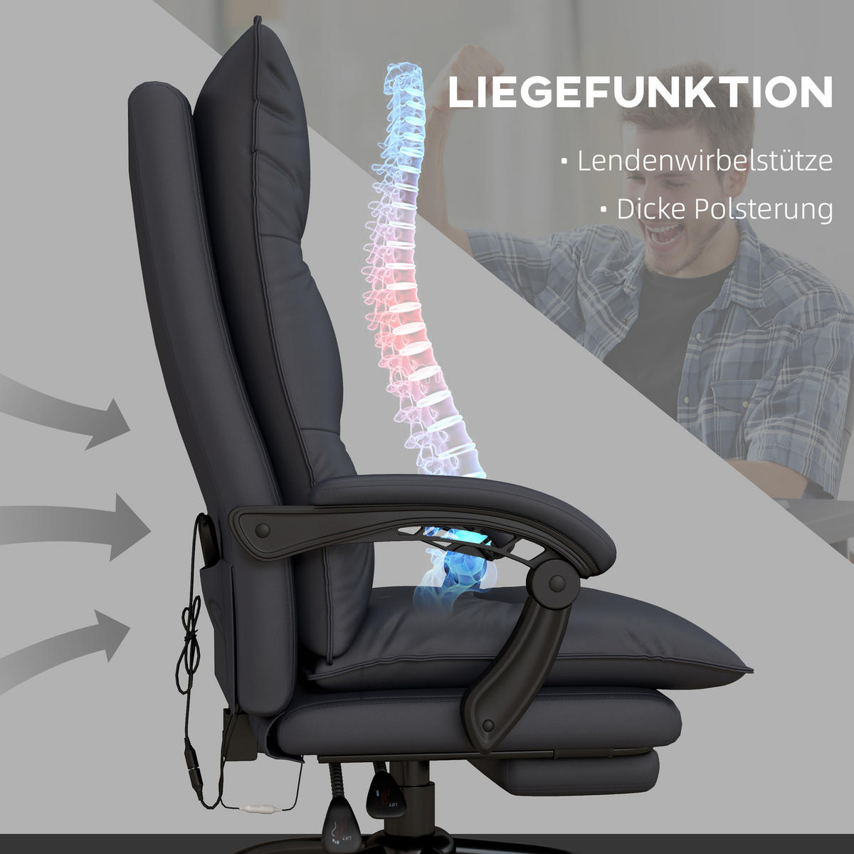 MASSAGE-BÜROSTUHL, Polyester, Schaumstoff, MDF, Stahl, Dunkelgrau - Dunkelgrau, Kunststoff (74/121.5/66cm) - Vinsetto