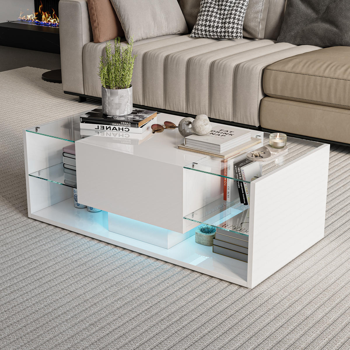 COUCHTISCH Weiß LED Schwebedesign Stauraum - Schwarz, Metall (60/30/62cm) - SHOPENTRA
