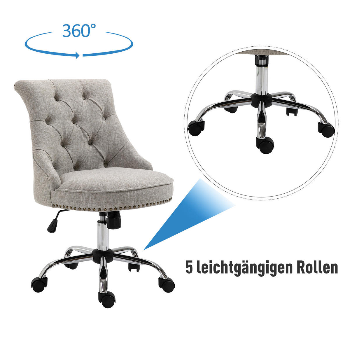 DREHSTUHL mit Rollen, Leinen, Hellgrau - Grau, Textil (65.5/91/54cm) - HOMCOM