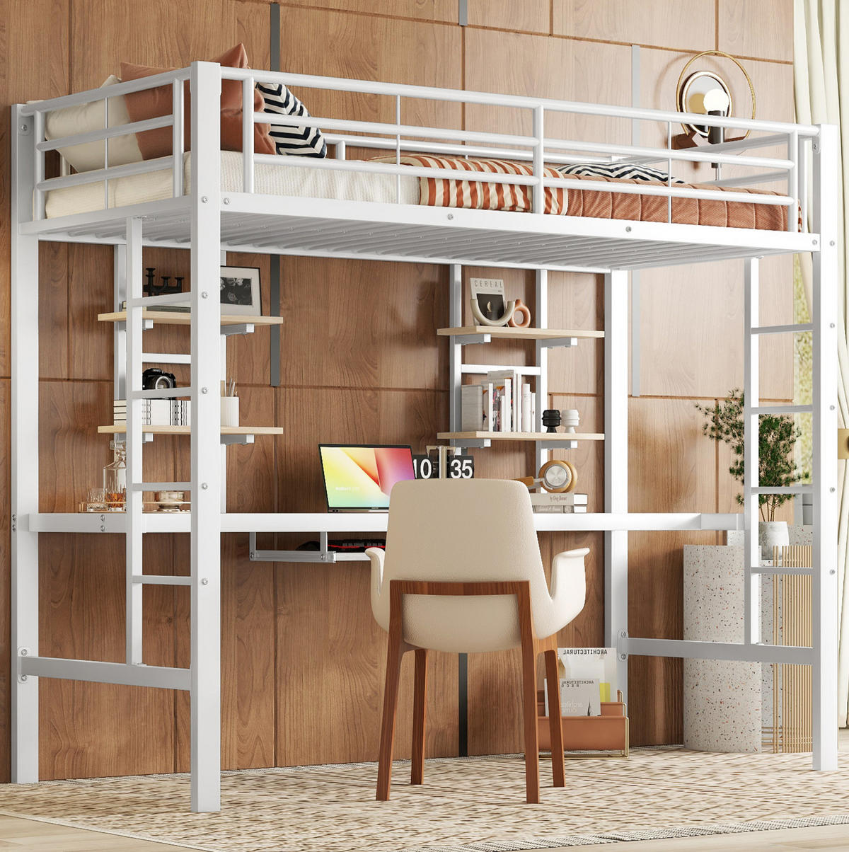 HOCHBETT aus Metall 90x200 cm Weiß mit Schreibtisch und 2 Bücherregalen - Weiß, Metall (90/200cm) - IVMEU
