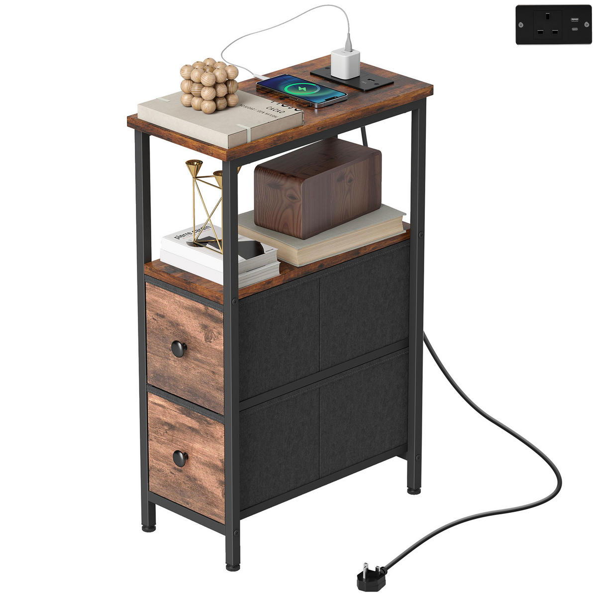 BEISTELLTISCH DE-08771 mit Ladestation & 2 Schubladen Rustikal-Braun - Braun, Metall (40/20/63cm) - ComfortXL