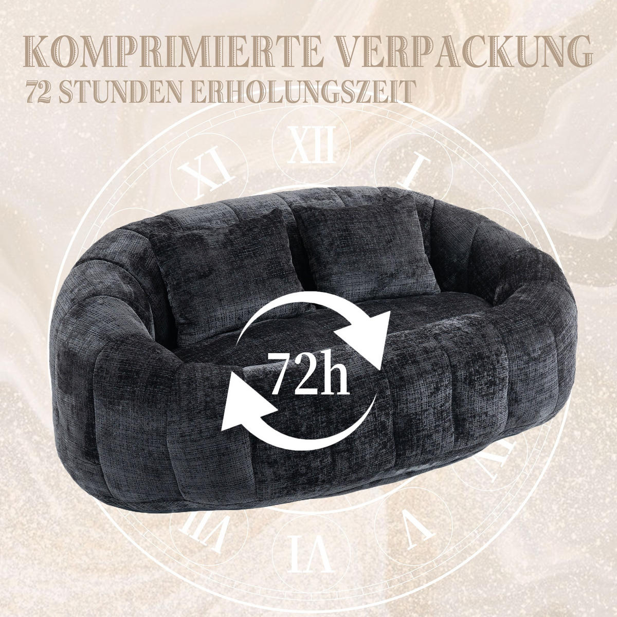 SITZSACK Chenille, Sofa mit 3 extra Kopfkissen,Schwarz - Schwarz, Textil (145/63/95cm) - LVHOM