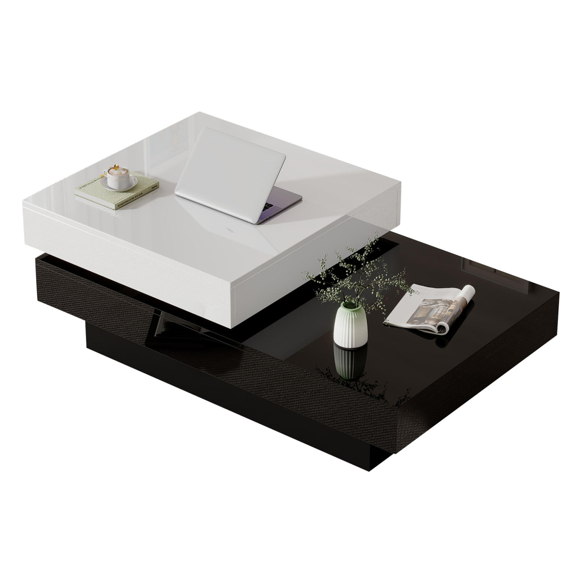 COUCHTISCH aus Spanplatte 103x60x35,5 cm Weiß/Schwarz mit drehbarer Tischplatte, 2 Ebenen und Hochglanzoberfläche - Schwarz Hochglanz, Holzwerkstoff (60/103/35.5cm) - Modfu