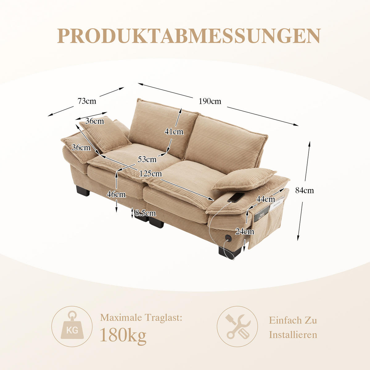 2-SITZER Sofa aus Corduroy 190x73x84 cm mit USB-C & Seitentaschen, beige - Beige, Textil (73/84/190cm)