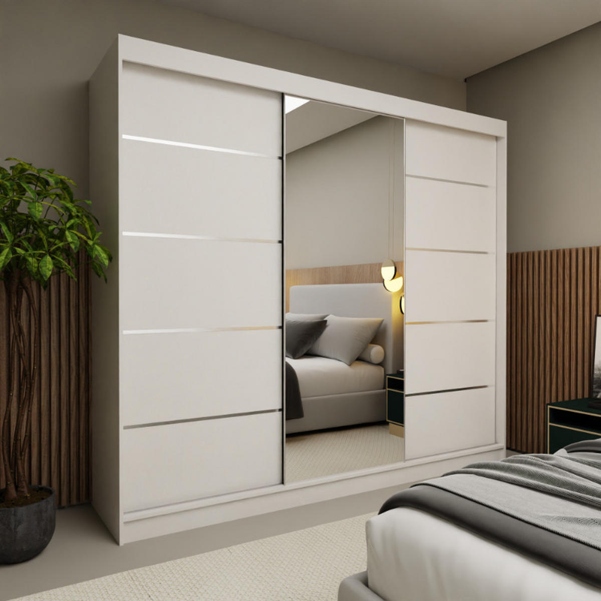 SCHWEBETÜRENSCHRANK Samantha 240 cm mit Spiegel, 3-türig, weiß - Weiß, Kunststoff (240/216/61cm) - Margaret Hadas24