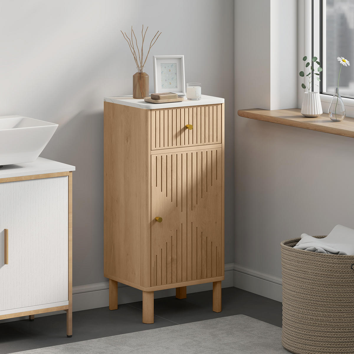 BADEZIMMERSCHRANK Eichefarben und Marmor-Optik 36/30/80 cm - Eichefarben, Holzwerkstoff (36/80/30cm) - PANGIVO