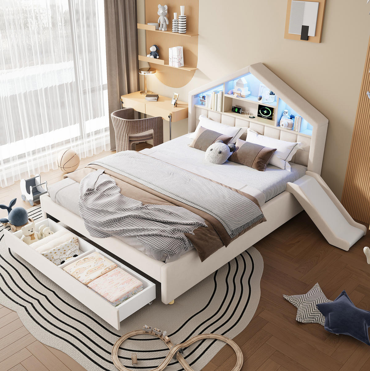 KINDERBETT aus Velvet 140x200 cm Beige mit Rutsche, LED-Beleuchtung, Ladeanschluss und Bettkasten - Beige, Textil (140/200cm) - Modfu