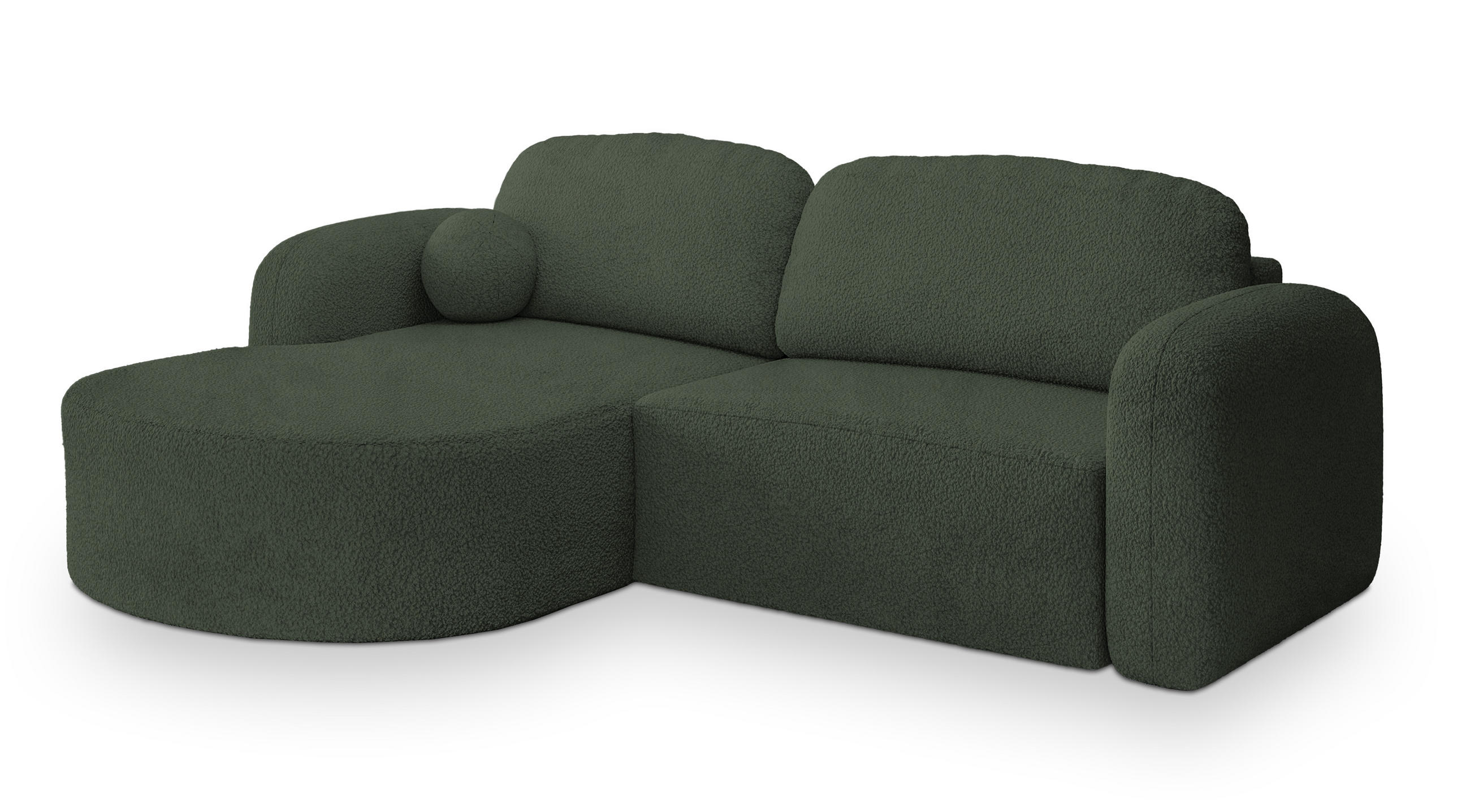 ECKSOFA AMILIA L-S Grün Boucle-Stoff mit Schlaffunktion - Grün, Holz (263/174cm) - MASSENO