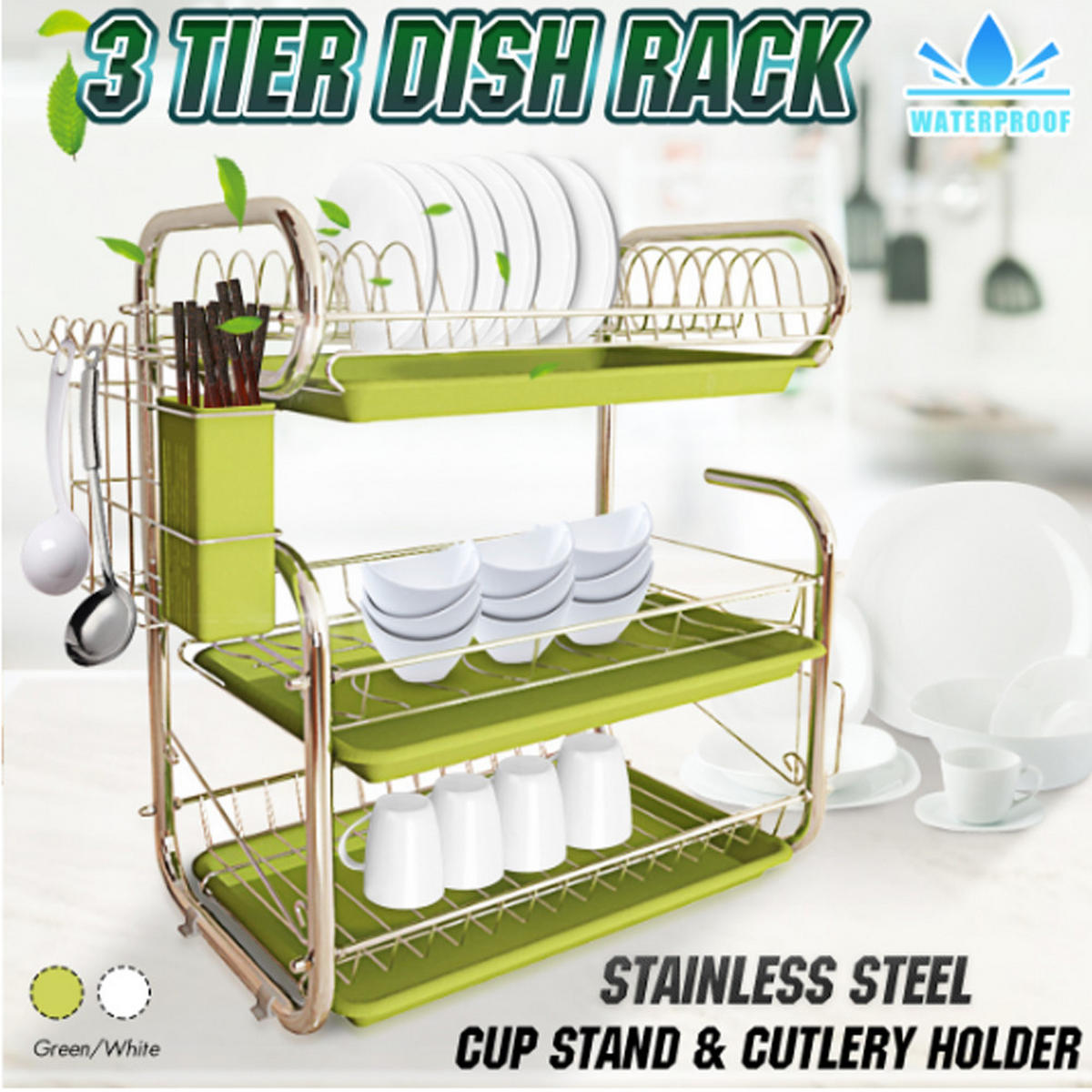 ABTROPFGESTELL Eisen grün dreistöckig Tellerständer 9-förmiger multifunktionaler Aufbewahrungsständer Schneidebrett 40/25/44 cm - Grün, Metall (40/44/25cm) - Livingandhome