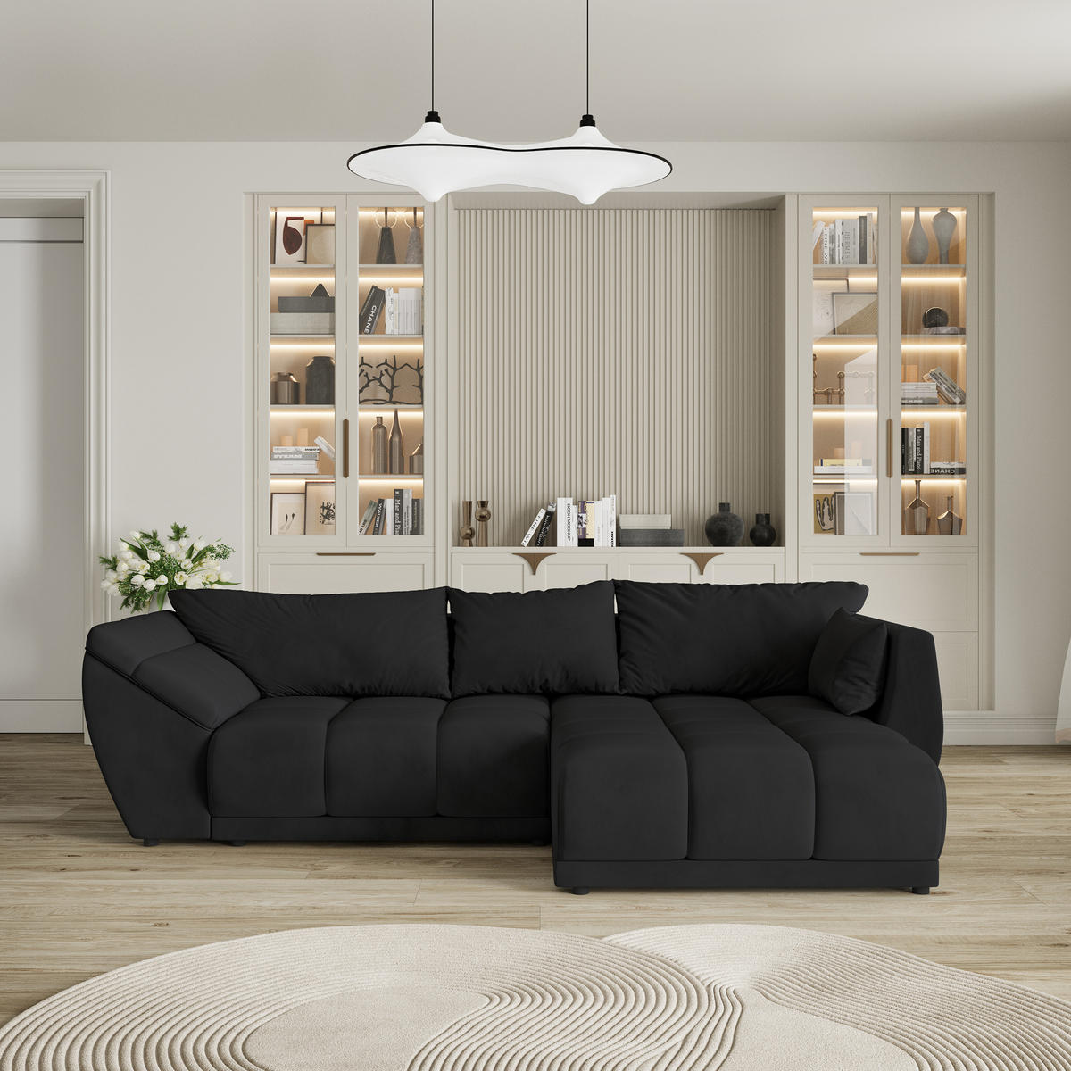 ECKSOFA ORENTI R-S Schwarz Velours-Stoff mit Schlaffunktion - Schwarz, Holz (287/182cm) - MASSENO