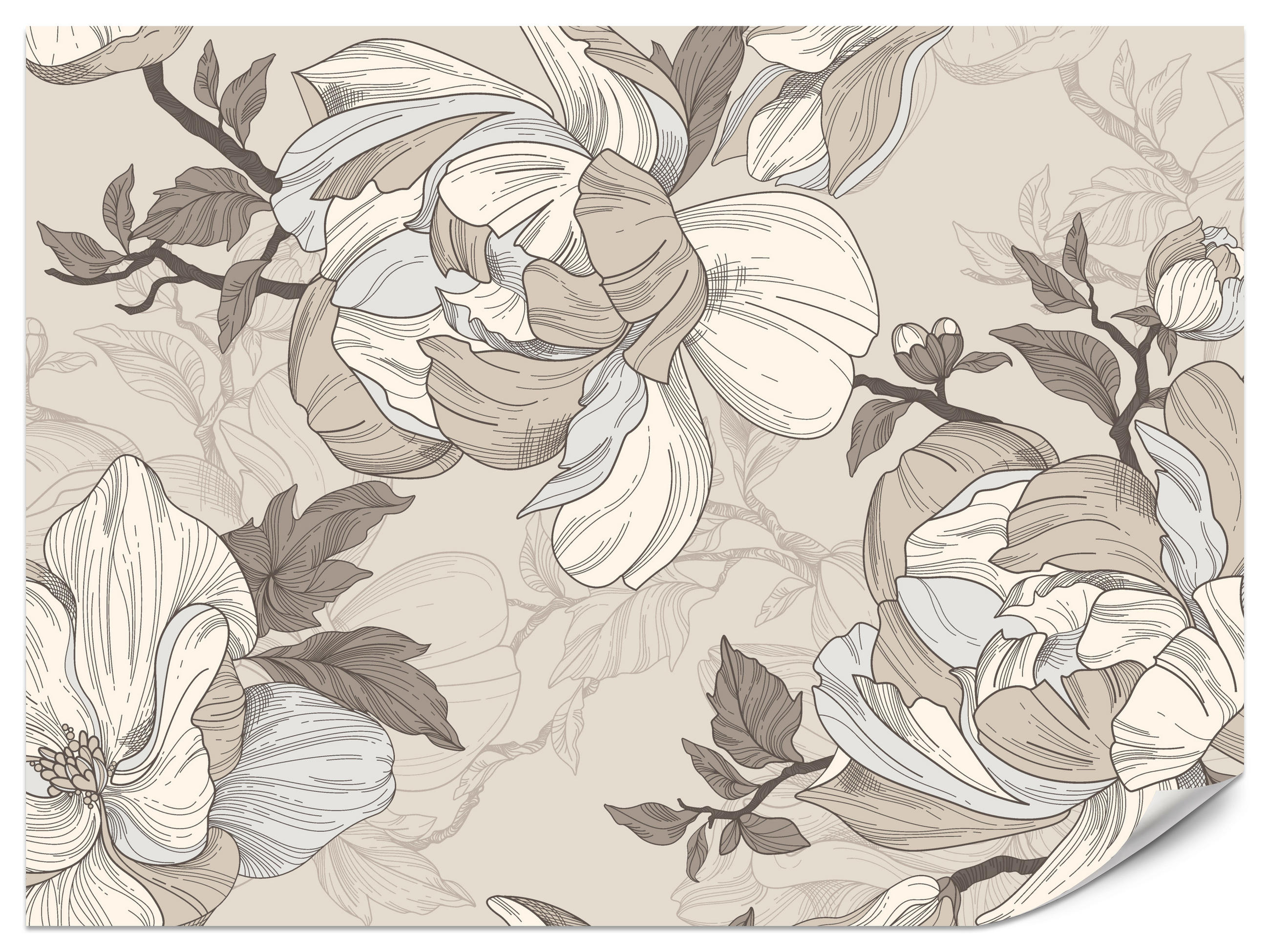 FOTOTAPETE für Wohnzimmer Natur Große Blüten Blätter Pflanzen 150x105 - Beige/Creme, Papier (150/105cm) - Muralo