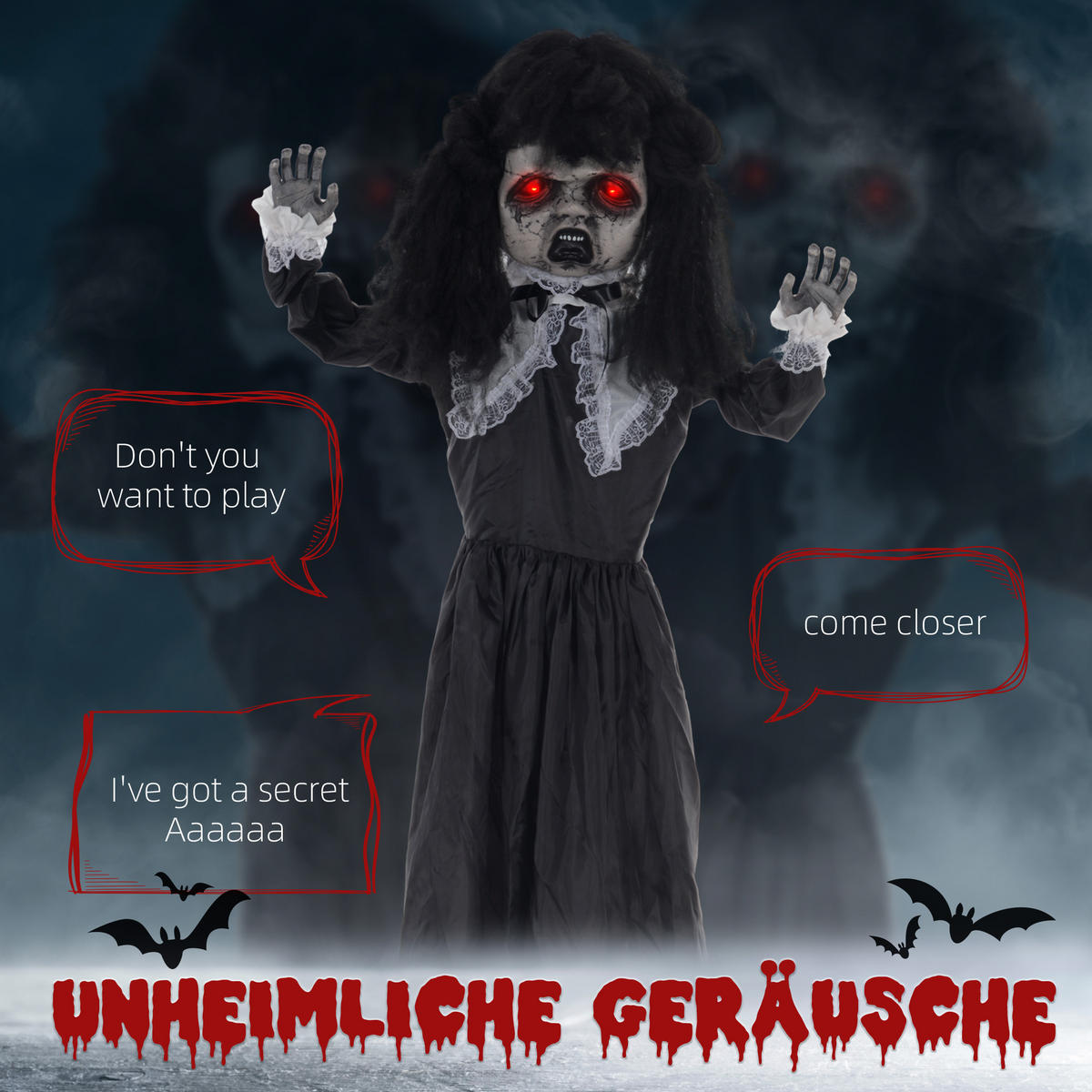 HALLOWEEN DECORATIONS 160cm Dekoration Geisterpuppe, Soundfunktion - Schwarz, Kunststoff/Metall (65/160/15cm) - HOMCOM