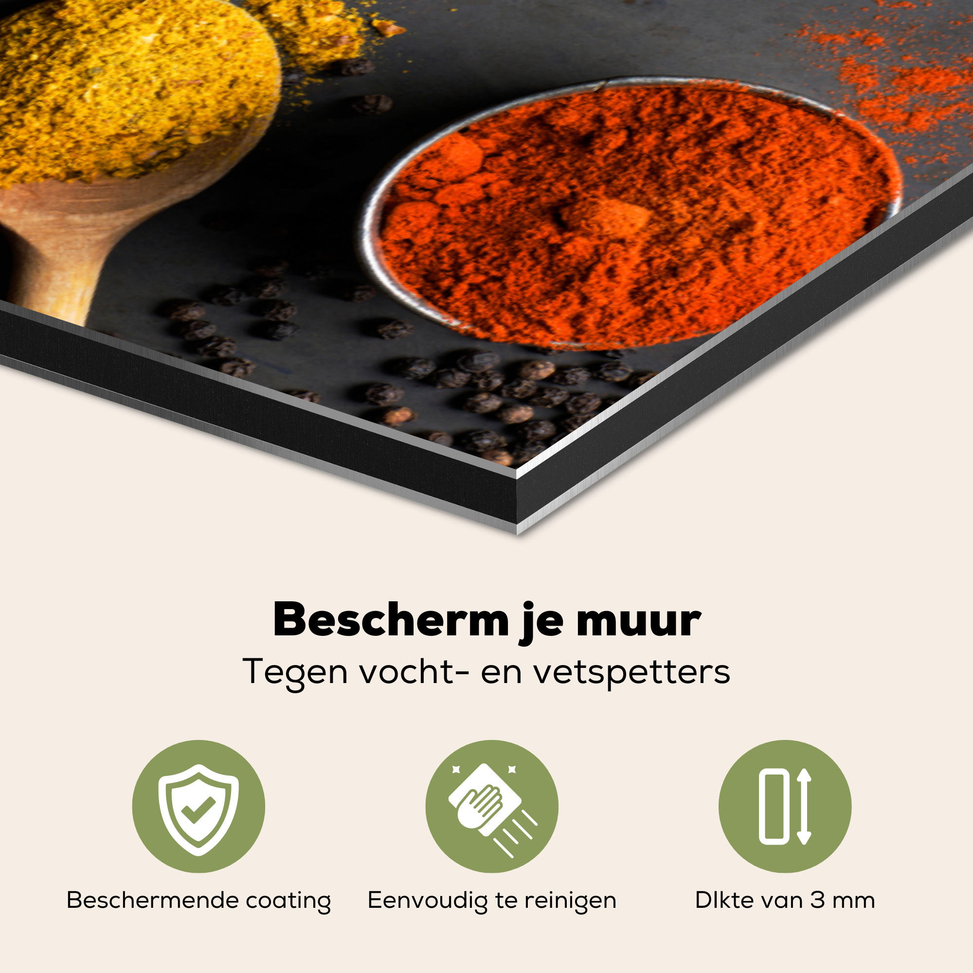 SPRITZSCHUTZ KÜCHE Kräuter - Lebensmittel - Gewürze - Schwarz - Paprika - Zimt 90x60 cm - Currygelb, Metall (90/0.3/60cm) - MuchoWow
