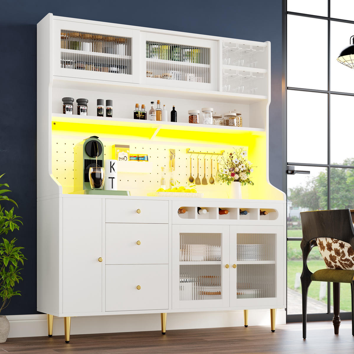GESCHIRRSCHRANK aus MDF & Glas 145x39x171cm in Weiß mit LED & Weinauszug - Weiß, Holzwerkstoff (145/171/39cm) - Modfu