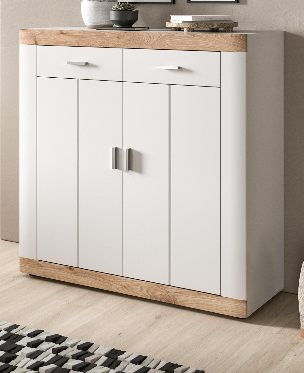 KOMMODE weiß, Eiche 100 cm, Sideboard mit Soft-Close - Eichefarben/Silberfarben, Holzwerkstoff/Kunststoff (101/104/40cm) - Inn.Furn