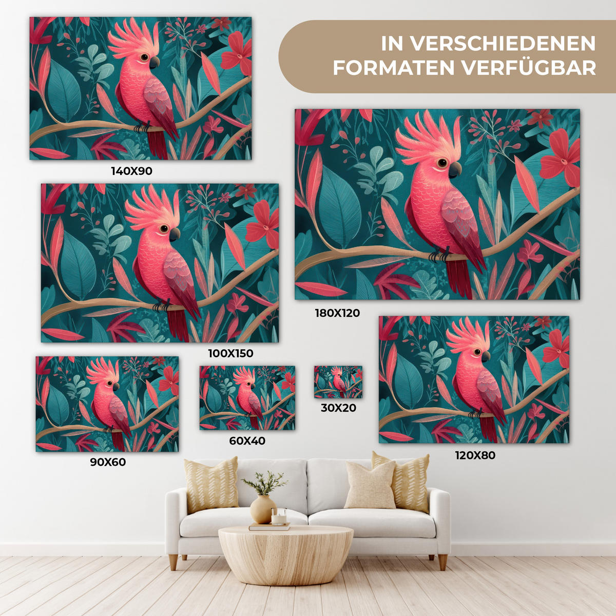 LEINWANDBILD Kakadu - Tropische Blätter - Zweig XXL 150x100 cm - Petrol, Textil (150/100cm) - MuchoWow
