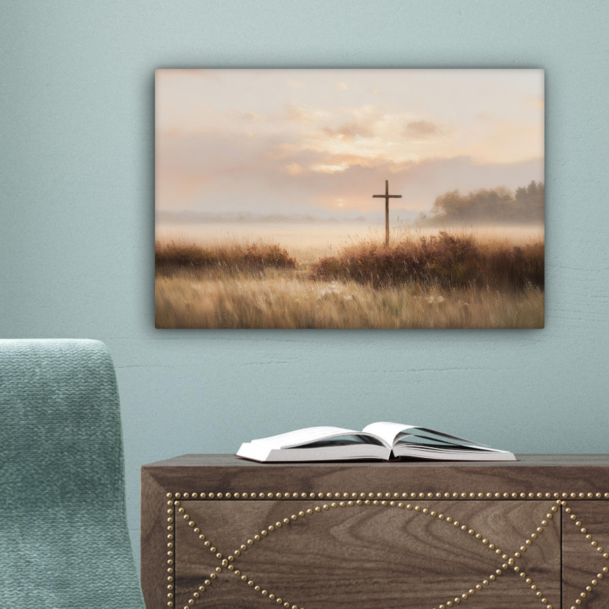 LEINWANDBILD Gras - Morgennebel - Kreuz - Christentum Deko Schlafzimmer 30x20 cm - Beige, Textil (30/20cm) - MuchoWow