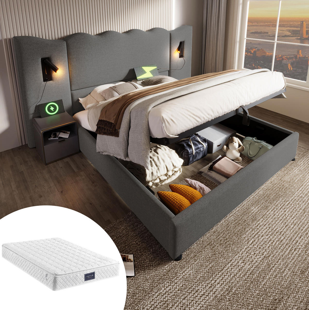 POLSTERBETT 160/200 cm Grau aus Leinen mit Matratze, Stauraum, Leselampe und USB-C - Grau, Textil (160/200cm) - OKMYHOME