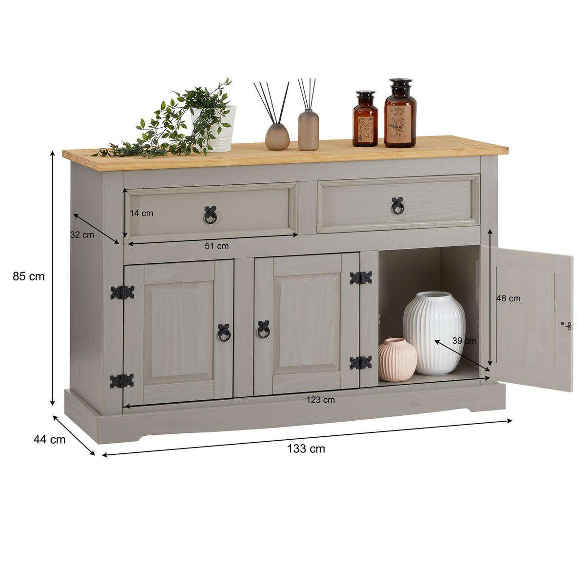 SIDEBOARD TEQUILA - Braun/Grau, Holz (133/85/44cm) - IDIMEX