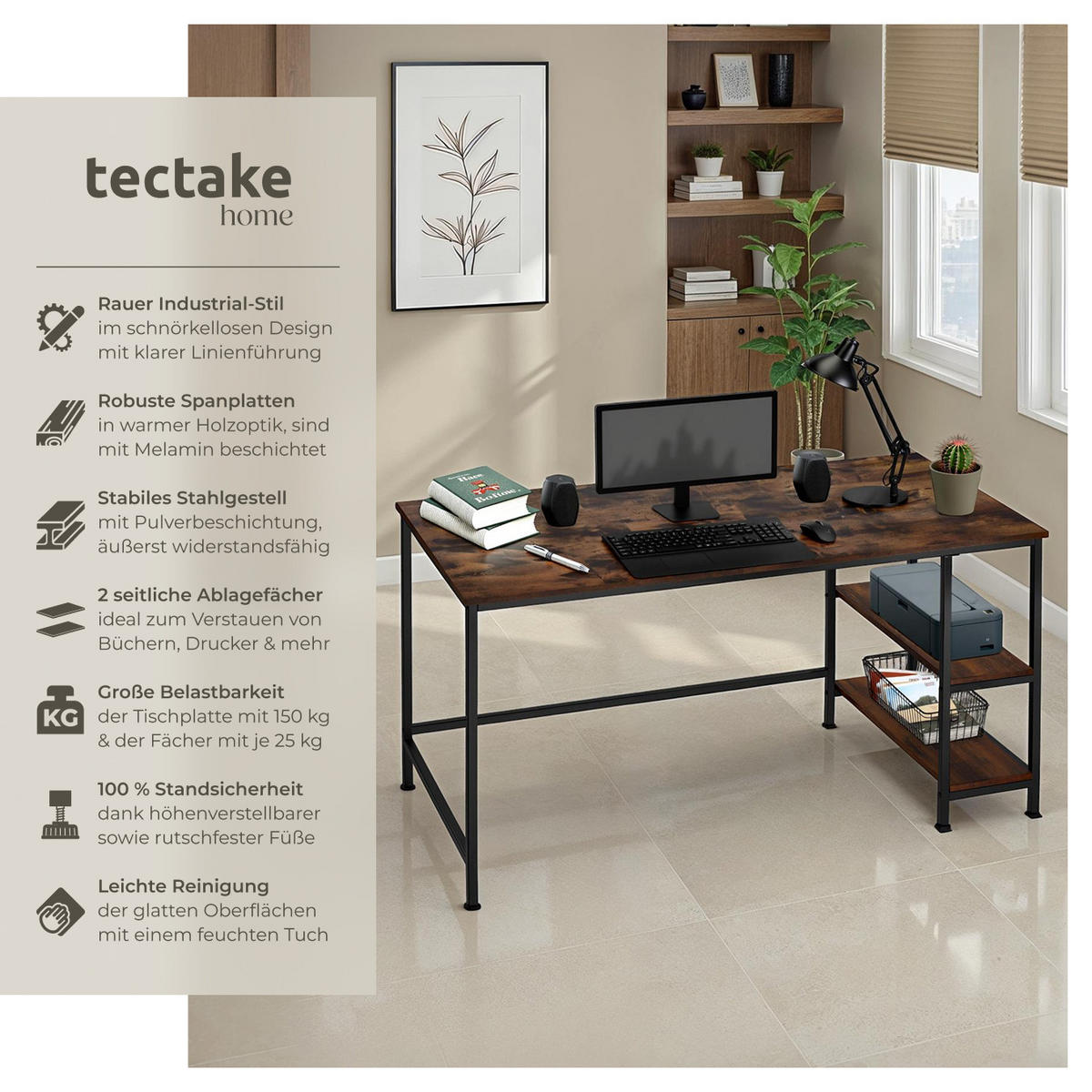COMPUTERTISCH Canton,120 x 60 x 75,5 cm,Industrial Holz dunkel, rustikal - Rostfarben, Holzwerkstoff (120/60/75.5cm) - tectake