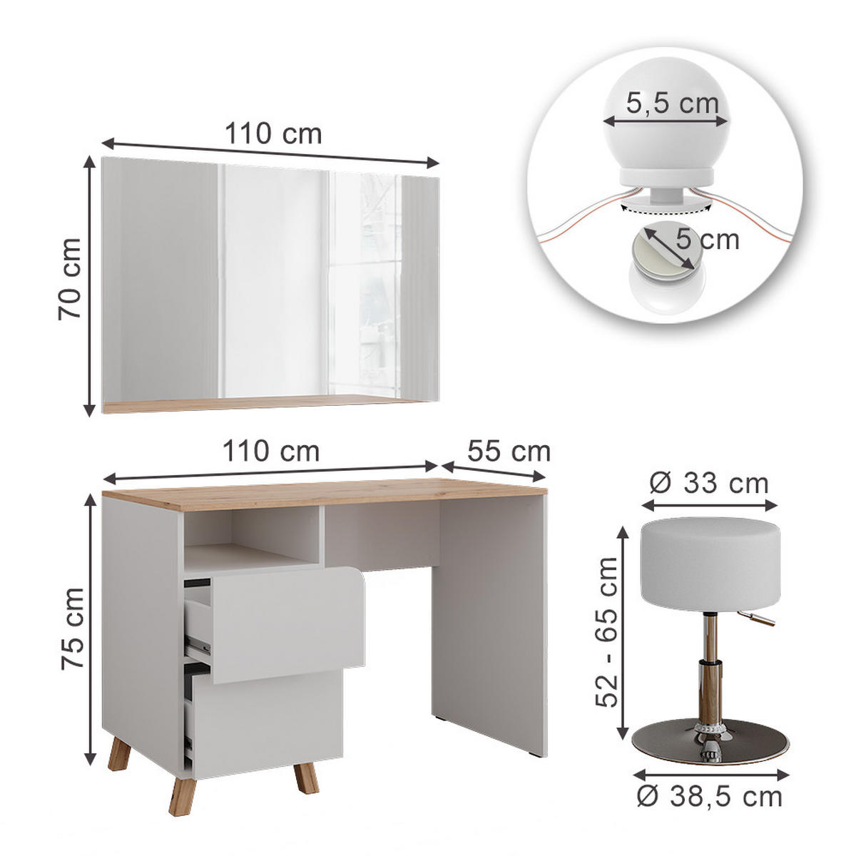 SCHMINKTISCH Karen Weiß/Artisan 110 cm mit Hocker und LED-Lichterkette - Weiß/Eiche Artisan, Holzwerkstoff (110/75/55cm) - Vicco