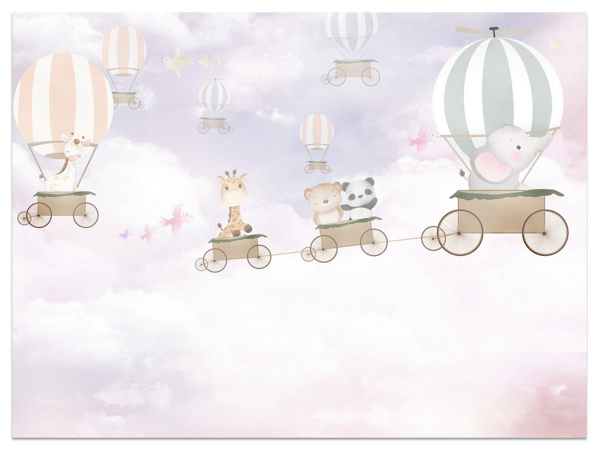 FOTOTAPETE für Kinderzimmer Tiere Wolken Luftballons 450x315 - Beige/Violett, Papier (450/315cm) - Muralo