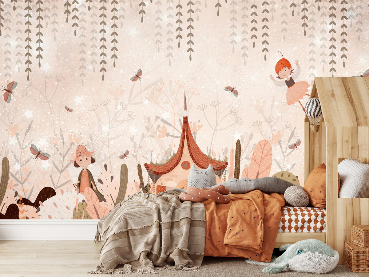 FOTOTAPETE für Kinderzimmer Feen Aquarell Wald Blumen Blätter Boho 150x105 - Beige/Orange, Papier (150/105cm) - Muralo