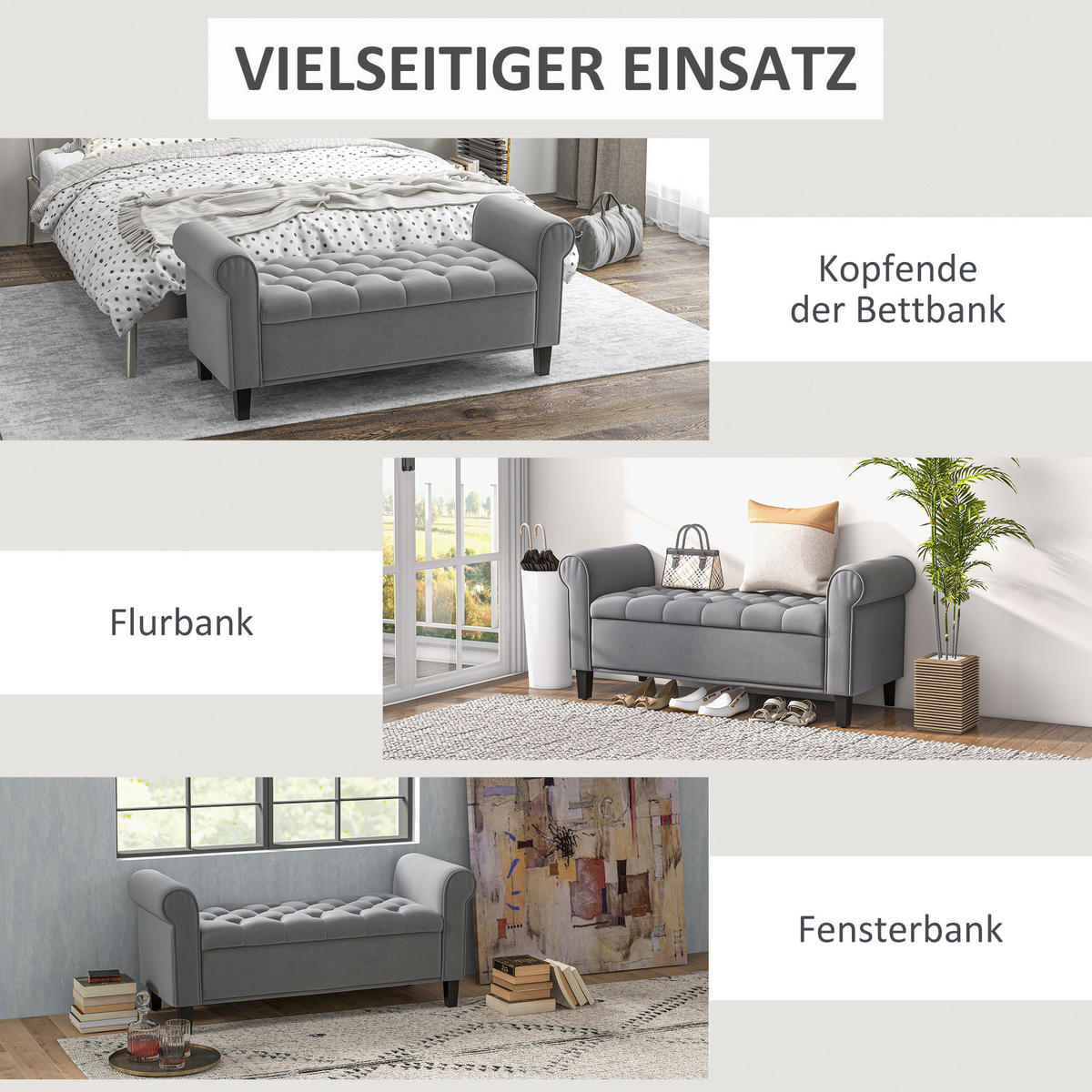 BETTBANK mit Stauraum für Schlafzimmer, bis 120 kg Belastbar, Grau - Grau, Kunststoff (48.5/57/126cm) - HOMCOM