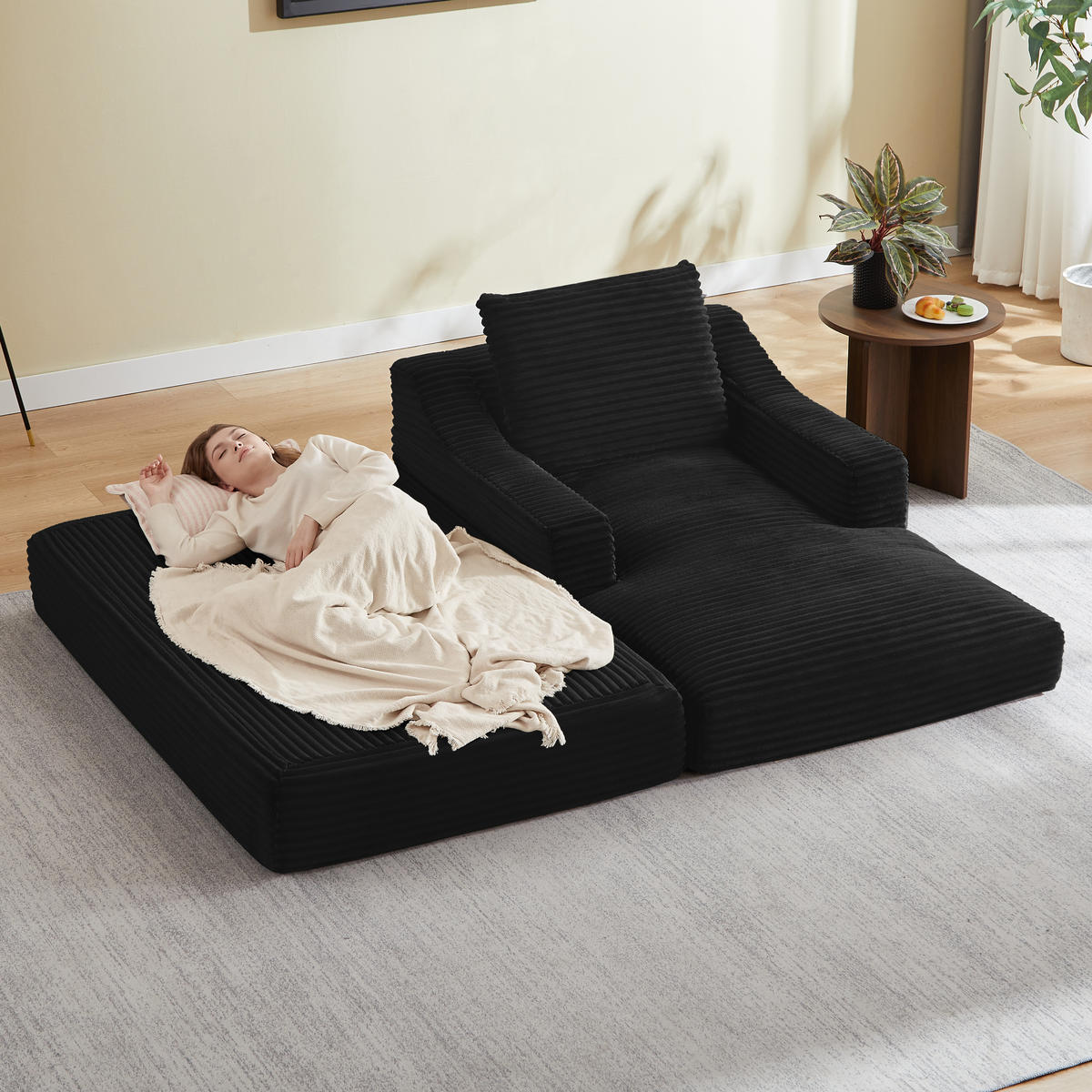 SOFA Cord Schwarz ausziehbar - Schwarz, Textil (100/68/162cm) - WISHDOR