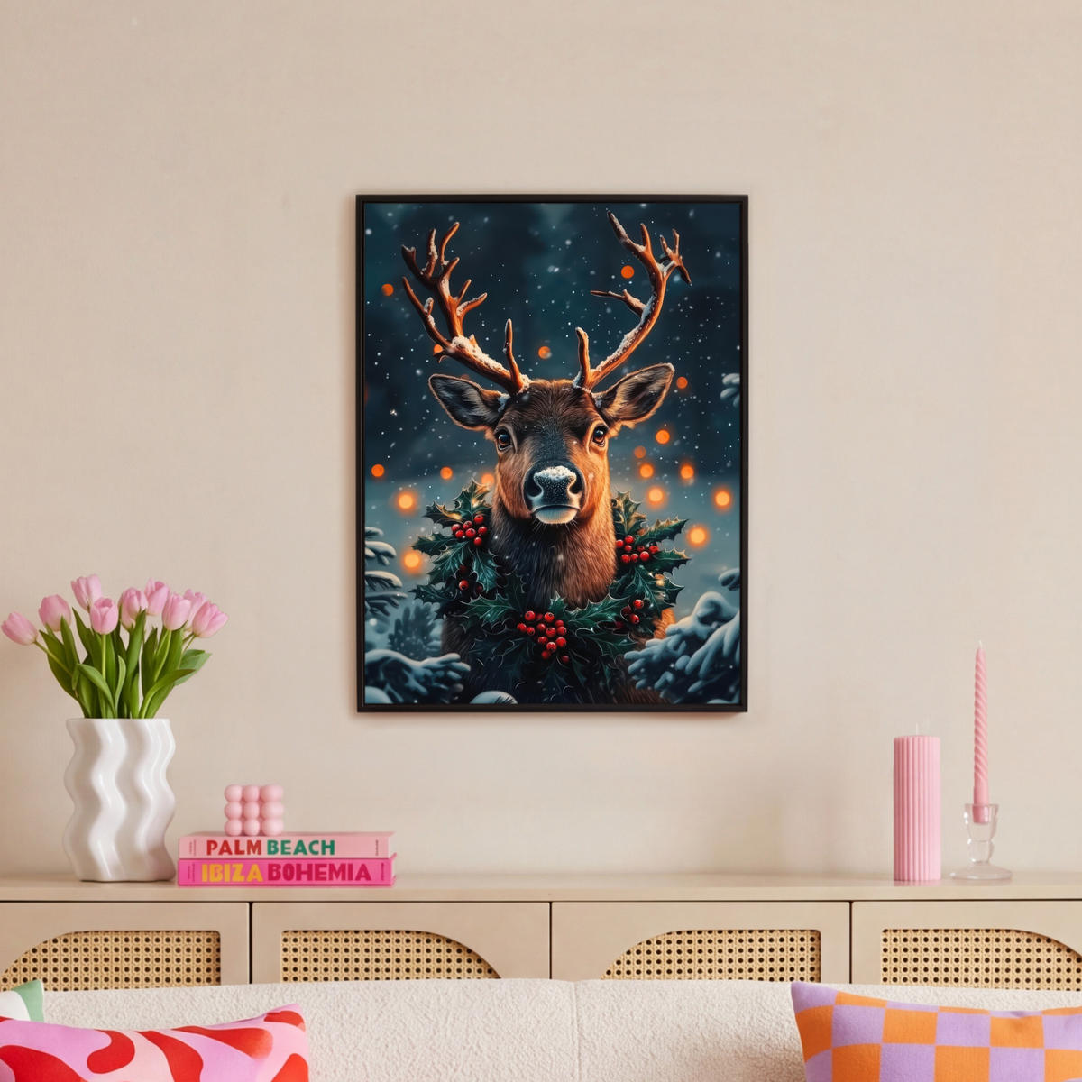 LEINWAND Bilder mit Rahmen - Hirsch - Weihnachten - Winter - Schnee - Weihnachtskranz - 50x70 - Dunkelbraun, Textil (50/70cm) - MuchoWow