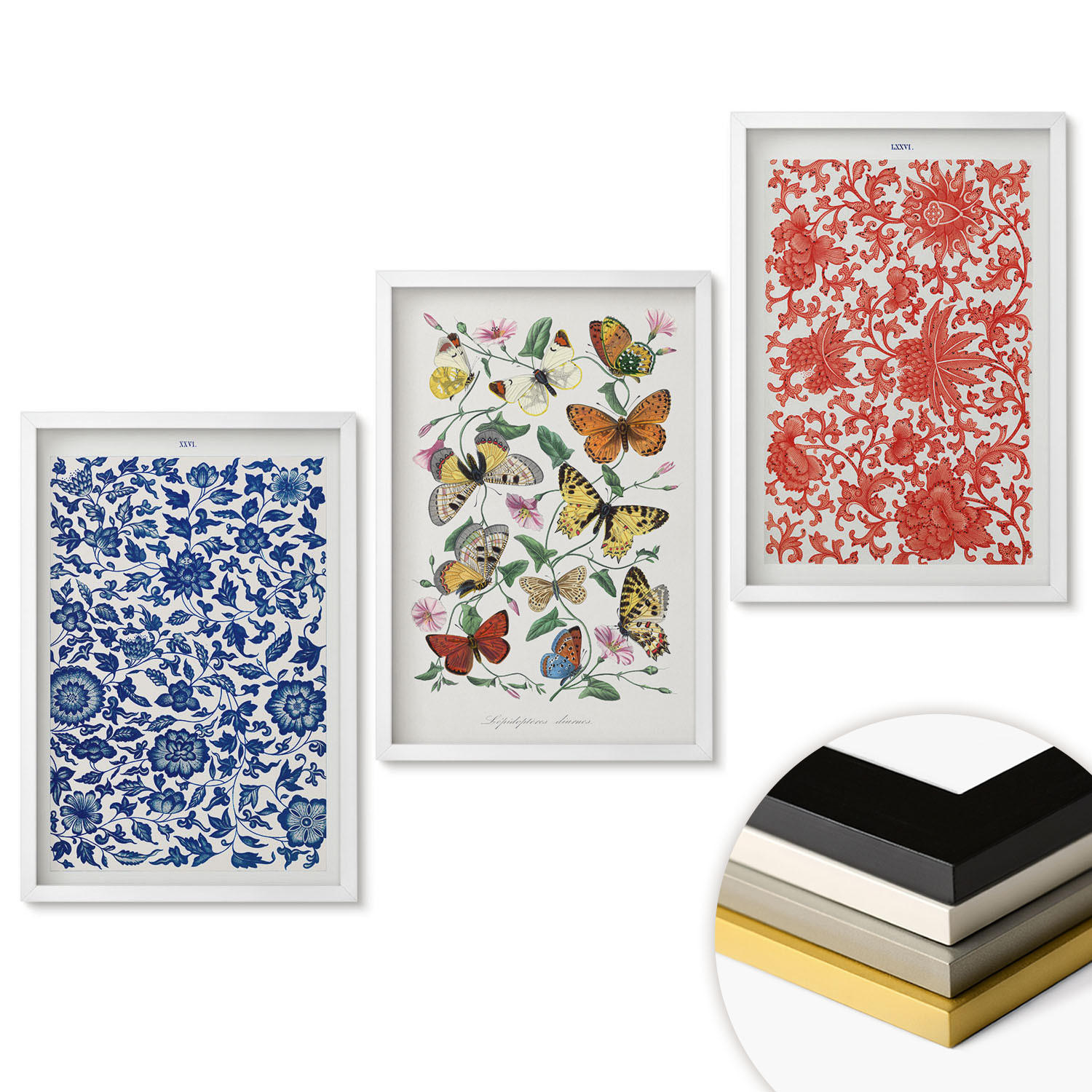 WANDBILDER 3er-Set - 40x60 cm Weißer Rahmen - Vintage-Blumen-Schmetterlings-Ornamente - Weiß, Kunststoff (40/60cm) - ArtPrintCave
