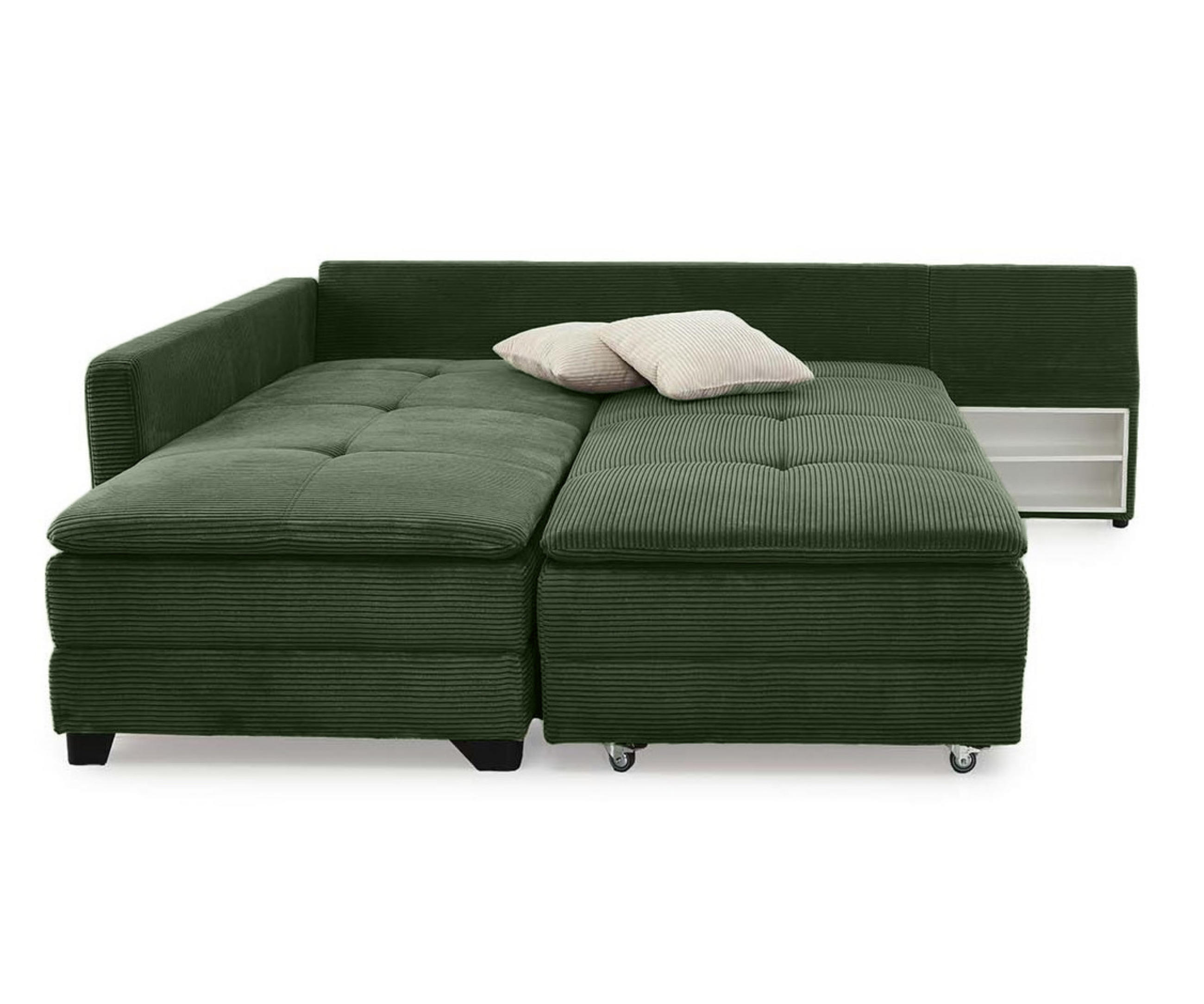 ECKSOFA-DAUERSCHLÄFER Doppelbett Boxspring Federkern Topper, seitenverkehrt montierbar B306/T223/H95 cm, Cord Grün / 15164 - Schwarz/Grün, Kunststoff/Textil (306/223cm) - luma-home