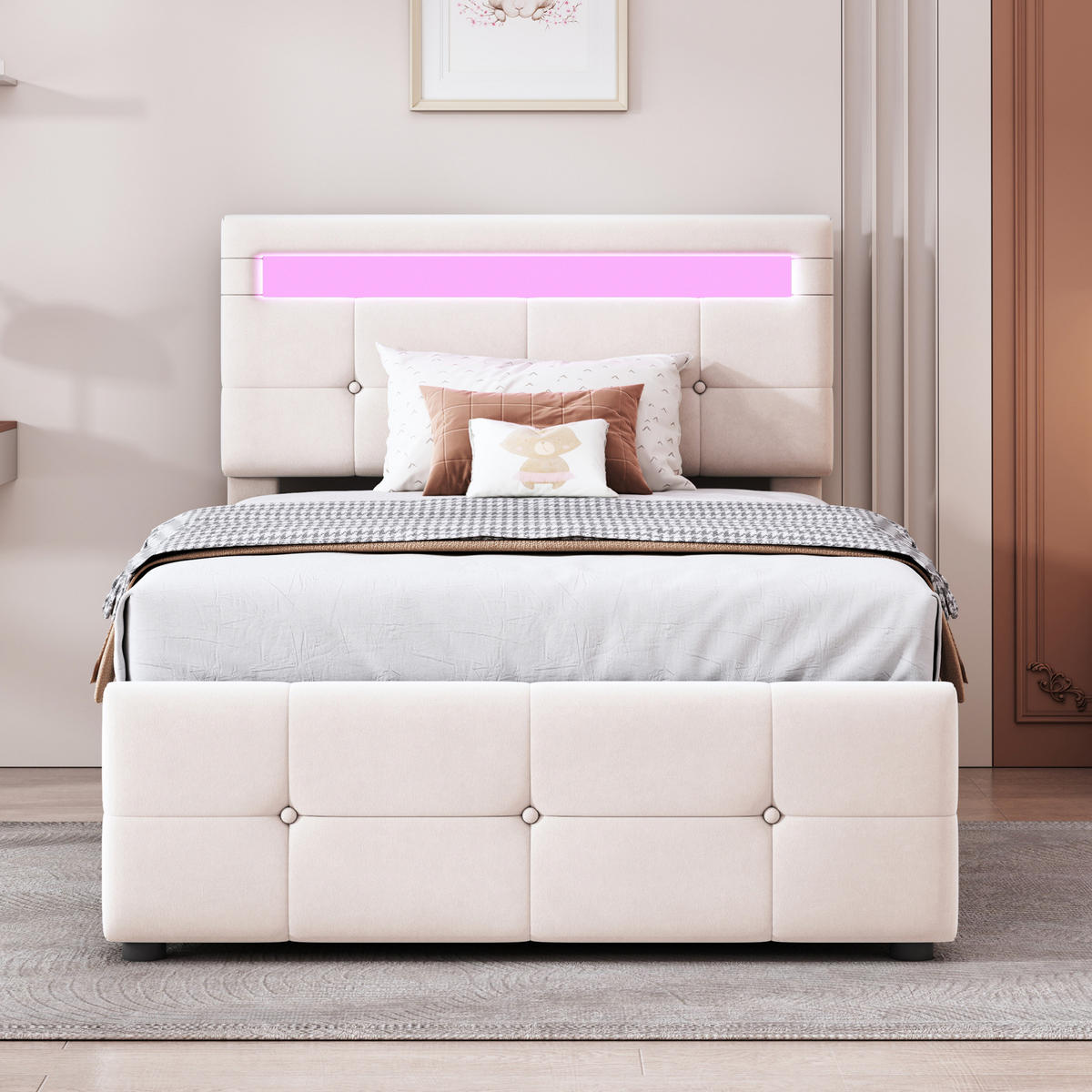 POLSTERBETT 90/200 cm Beige mit LED-Beleuchtung und Stauraum - Beige, Textil (90/200cm) - Flora Grace