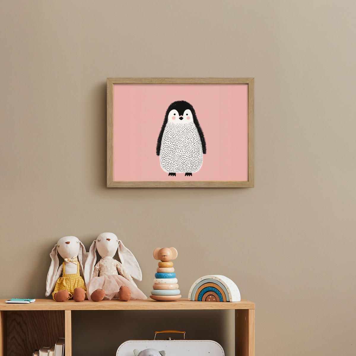 DOBÍJECÍ NOČNÍ LAMPIČKA Tučňák - Tečky - Minimalistický - Růžový 40x30 cm - růžová, kompozitní dřevo (8/40/30cm) - OnlyWow
