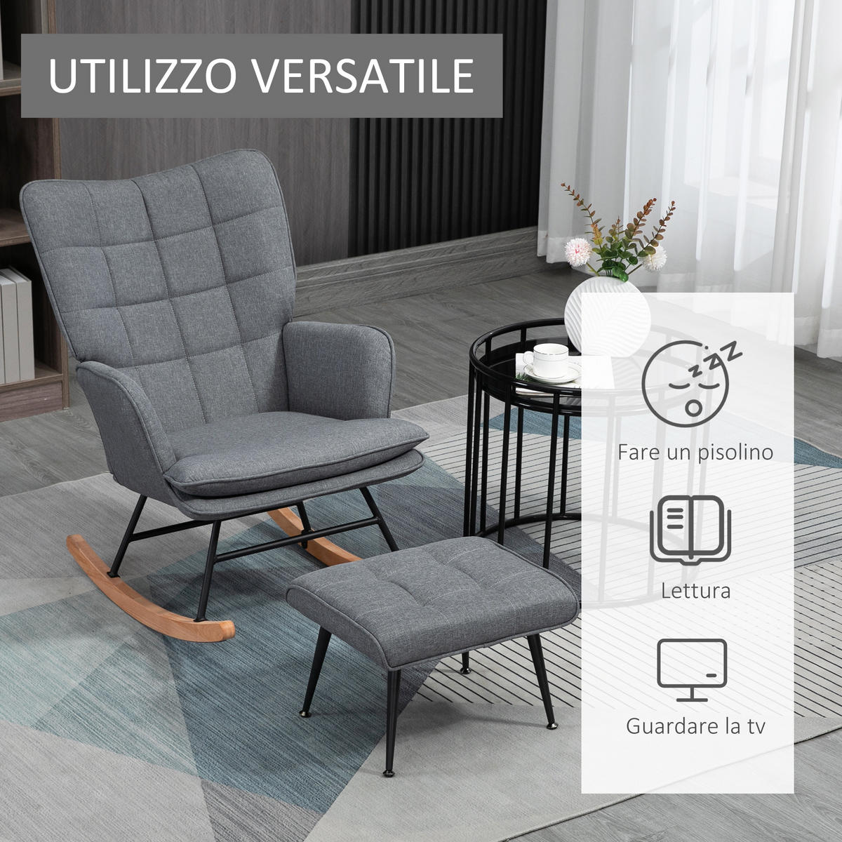 SCHAUKELSTUHL Hocker Leinen Holzoptik Belastbarkeit 130 kg Grau - Grau, Textil (89/90/64cm) - Vallsero