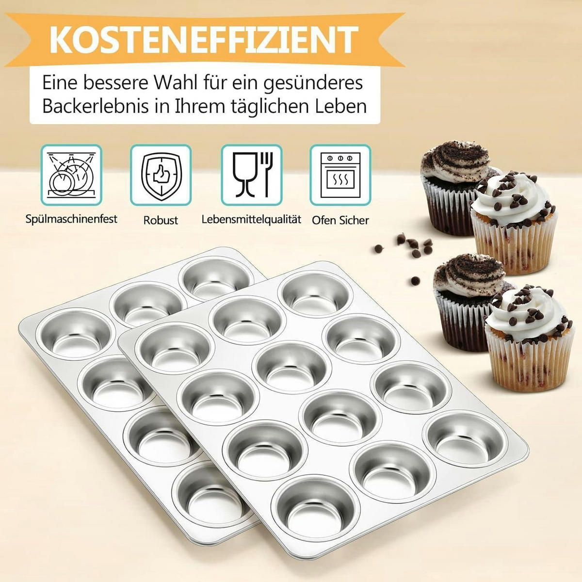 MUFFINBACKFORM 2er Set Edelstahl 12 Muffins - Silberfarben, Metall (26.5/3/35cm)