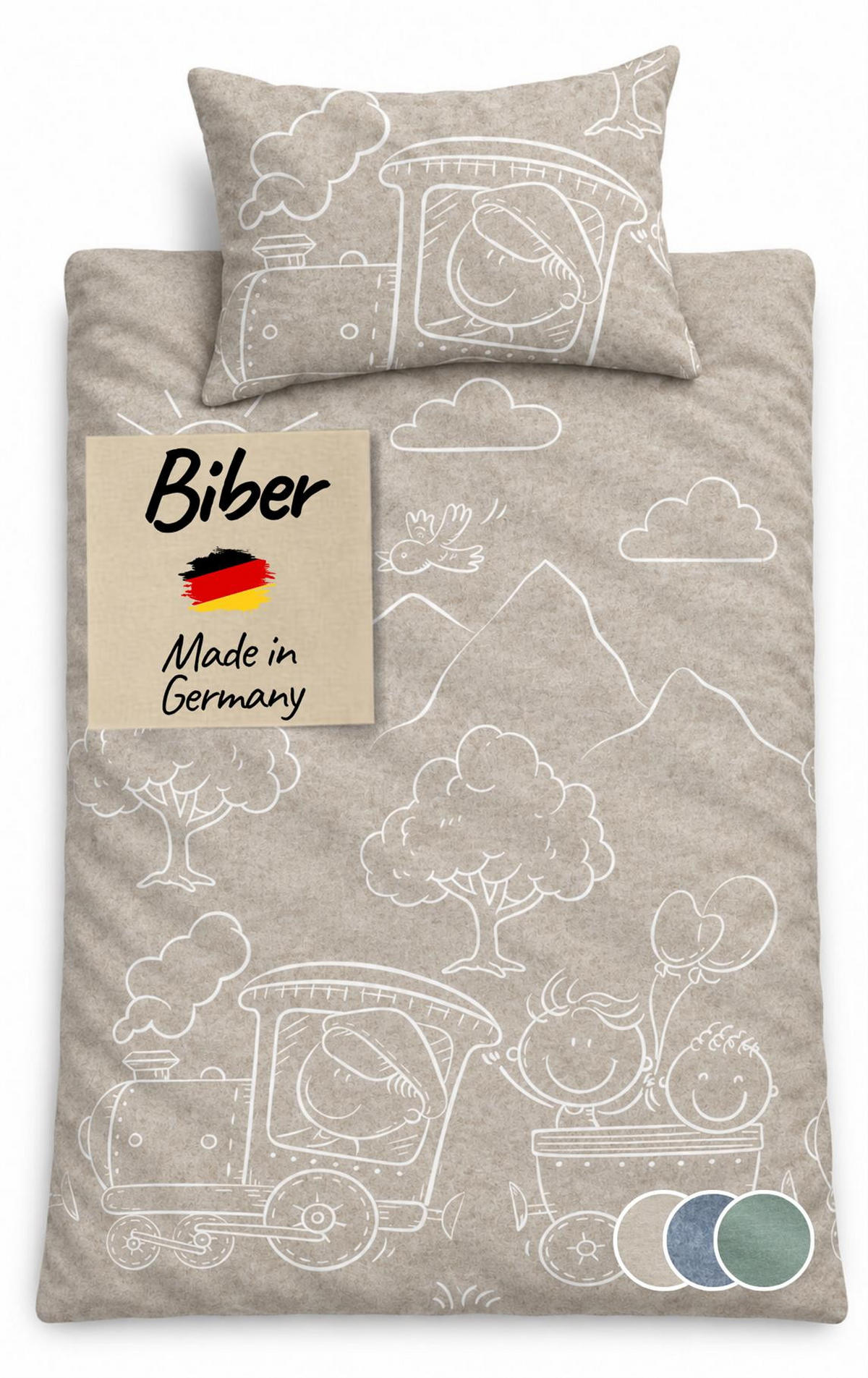 BIBER-BETTWÄSCHE 135x200 Kinder - Made in Germany! Flauschig warmer Flanell Kinderbettwäsche aus 100% Baumwolle für Herbst & Winter - Lokomotive Natur - Naturfarben, Textil (135/200cm) - Carpe Sonno