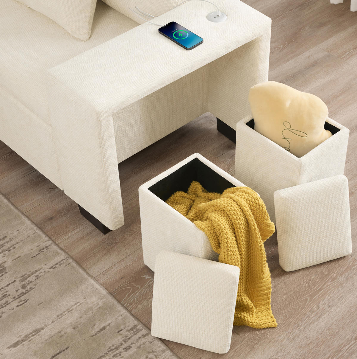 ECKSOFA 220/205/86,5 cm mit Schlaffunktion, Stauraum, Chenille-Bezug, USB- und USB-C-Anschluss, Beige - Beige, Textil (220/205cm) - Redom