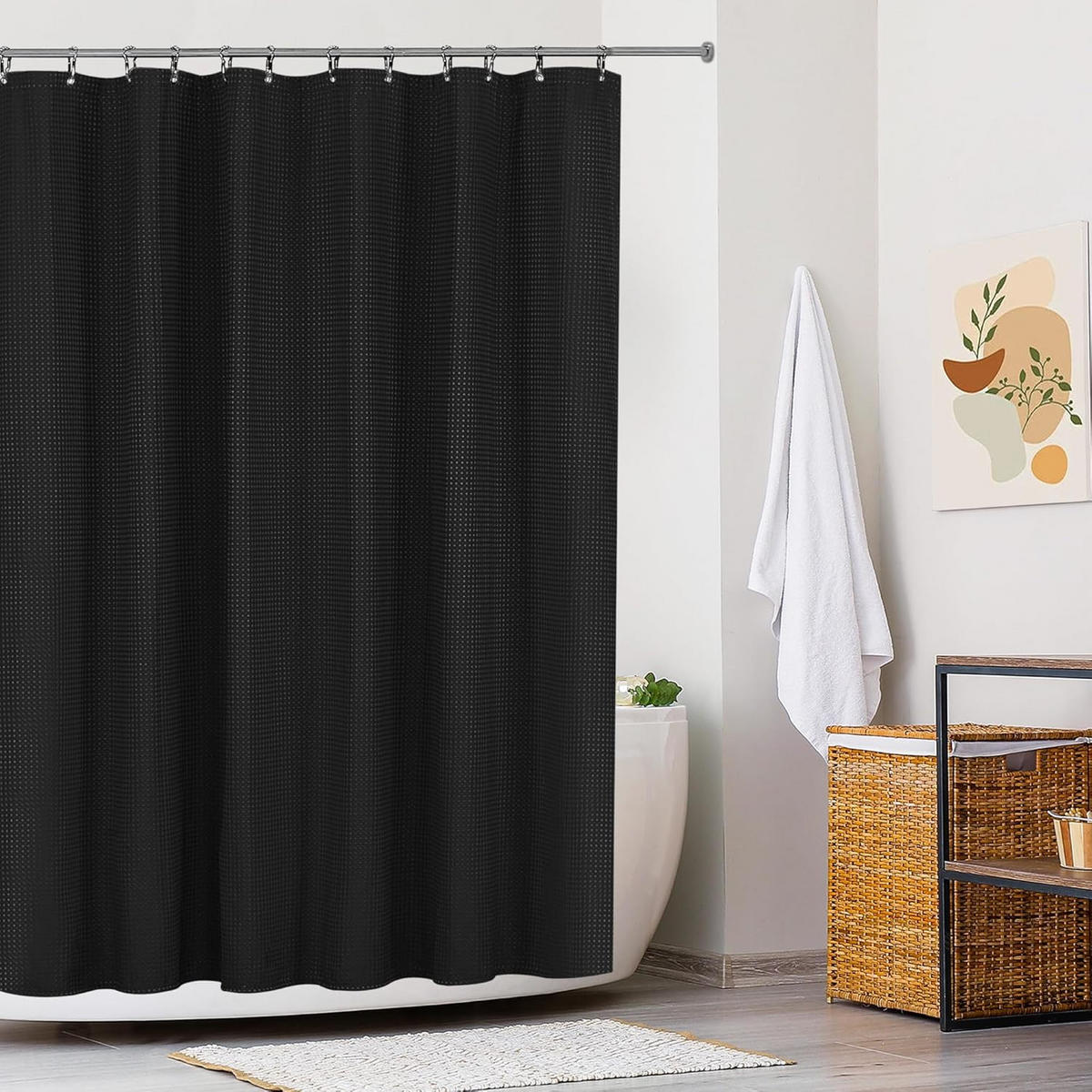 DUSCHVORHANG Schwarz Polyester waschbar wasserdicht Waffelstruktur mit Haken Badezimmer - Schwarz, Textil (180/180cm) - MCBOSON