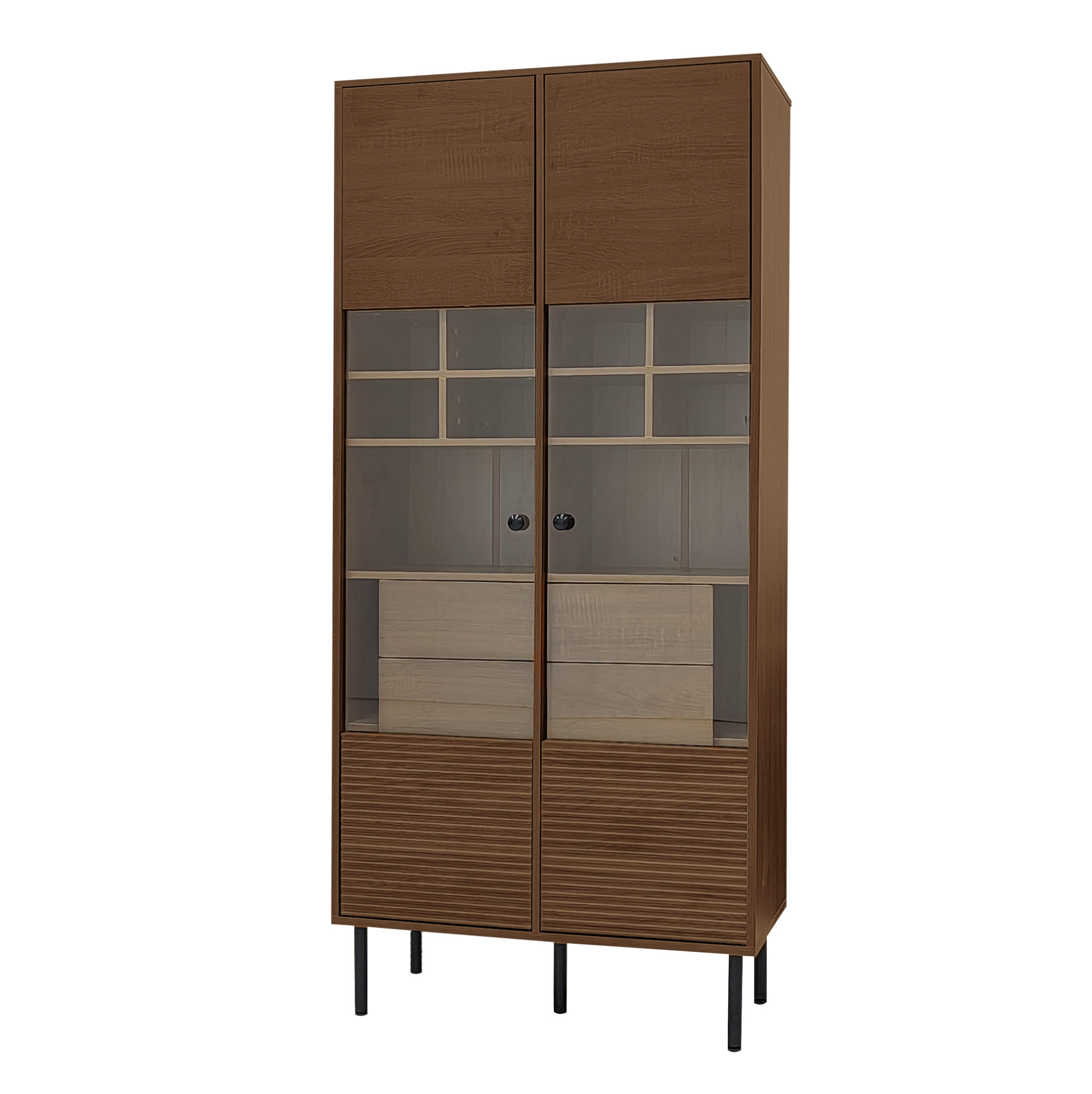 VITRINENSCHRANK aus MDF mit Glasfront und 4 Schubladen Nussbaumfarben - Walnussfarben, Holzwerkstoff (75.5/164.5/35cm) - Modenvie