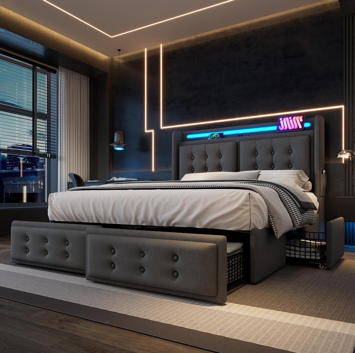 BETT mit Matratze 140x200 cm Grau mit LED, USB-C und 4 Schubladen - Grau, Metall (140/200cm) - Meubliv