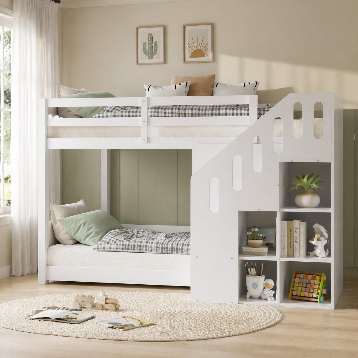 ETAGENBETT 90/200 mit Stauraumtreppe, Schließfächern und Geländer in Weiß - Weiß, Holz (90/200cm) - EVRYAE