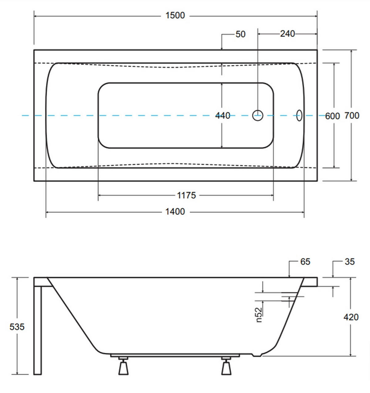 BADEWANNE Rechteck OPTIMA 150/70 Ablauf & Füße - Weiß, Kunststoff (70/53.5/150cm) - bad land