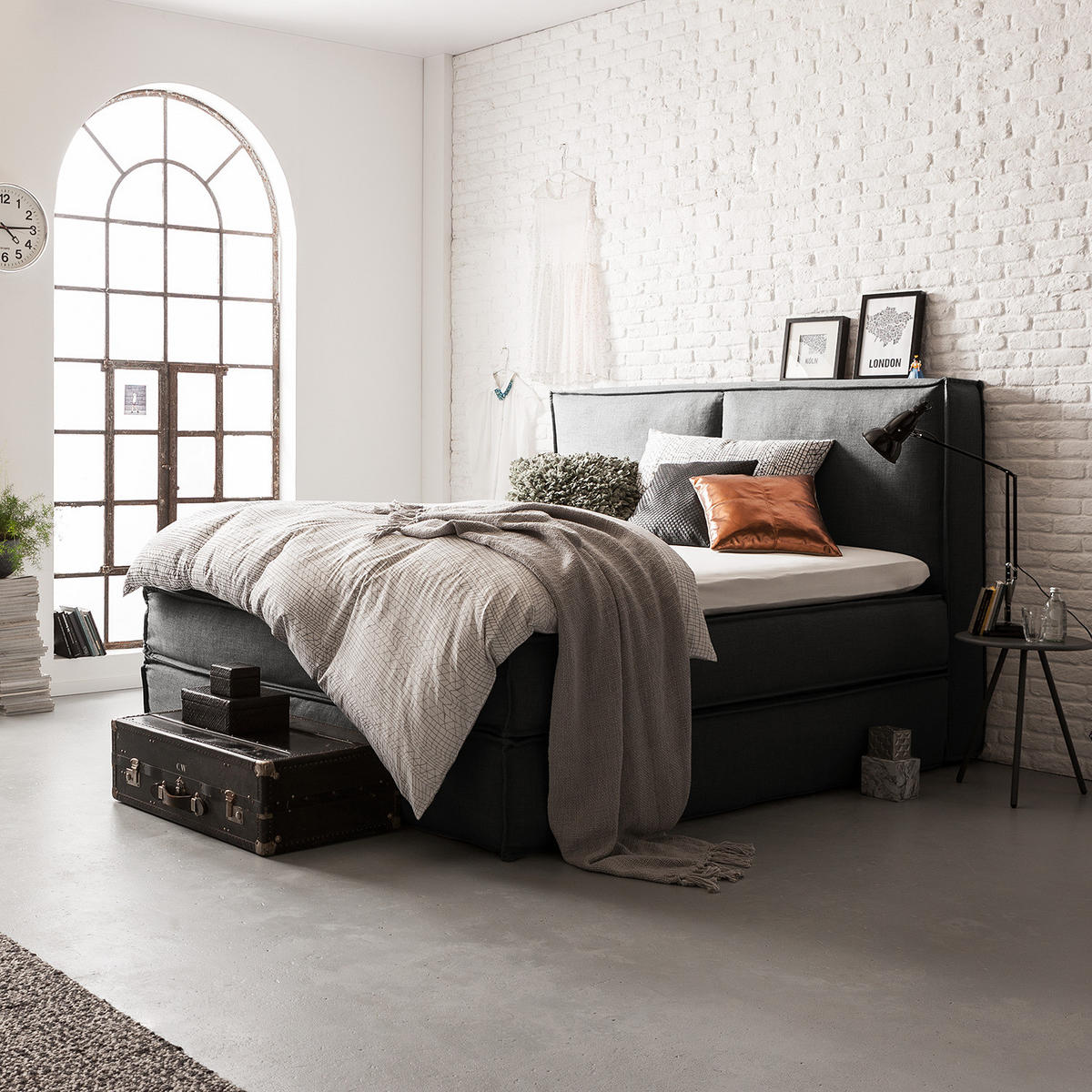 BOXSPRINGBETT mit Kopfteil - Premium - Anthrazit, Textil (180/220cm) - home24