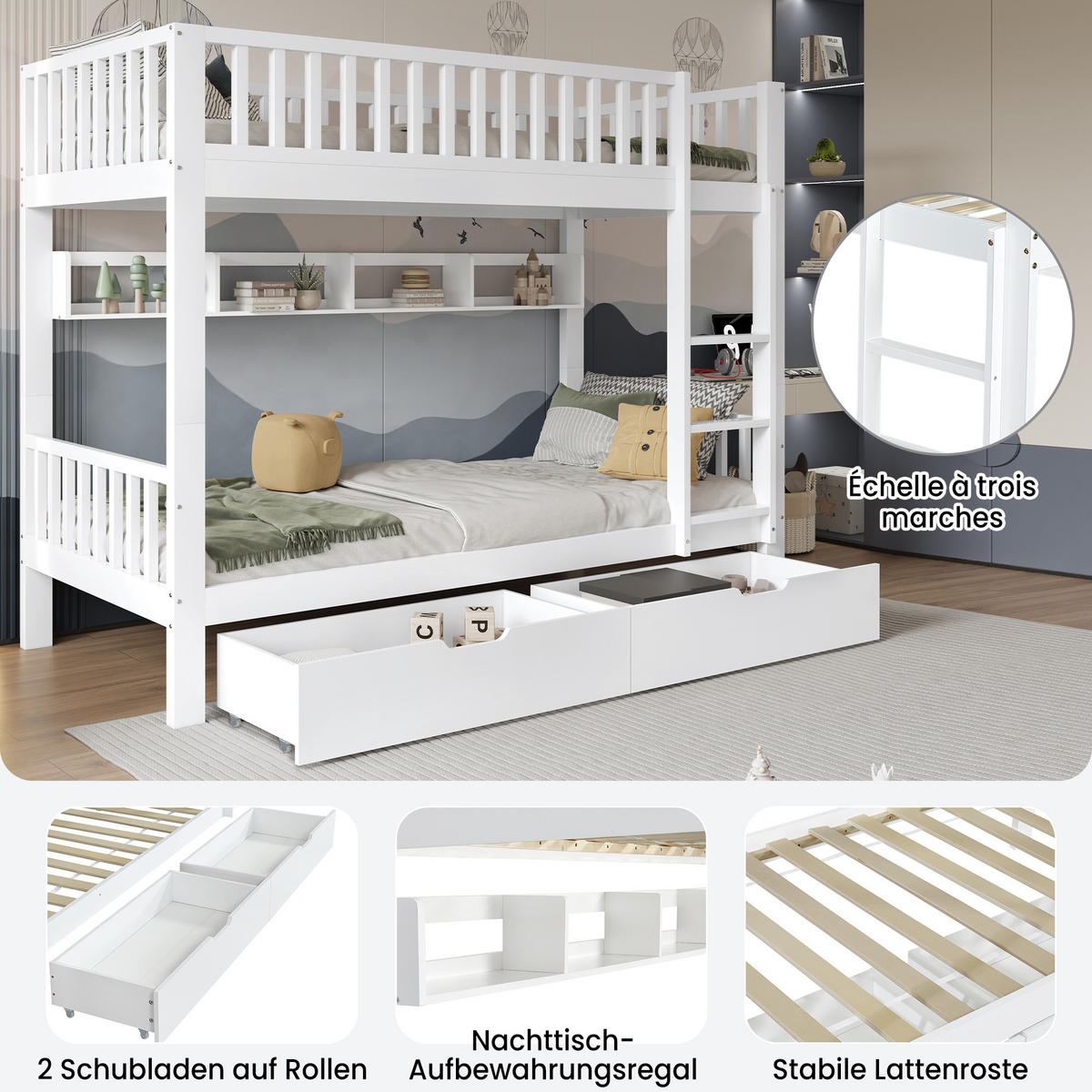 BETT Etagenbett mit Leiter und Stauraum Weiß 90x200 cm - Weiß, Holz (90/200cm) - ComfortXL