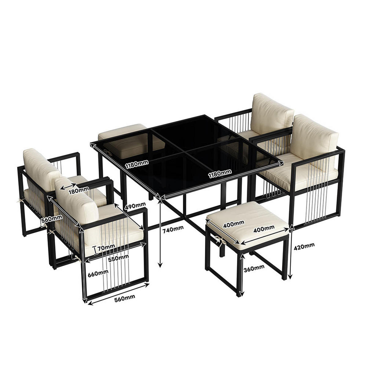 DINING-LOUNGESET für 6 Personen，schwarz - Schwarz, Metall - KOMHTOM