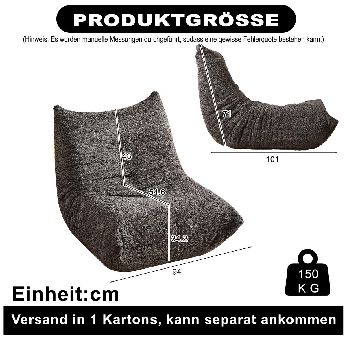 SITZSACK Ergonomischer aus Chenille & Memory-Schaum, Montagefrei - Grau, Textil (94/71/101cm) - Urban Meuble